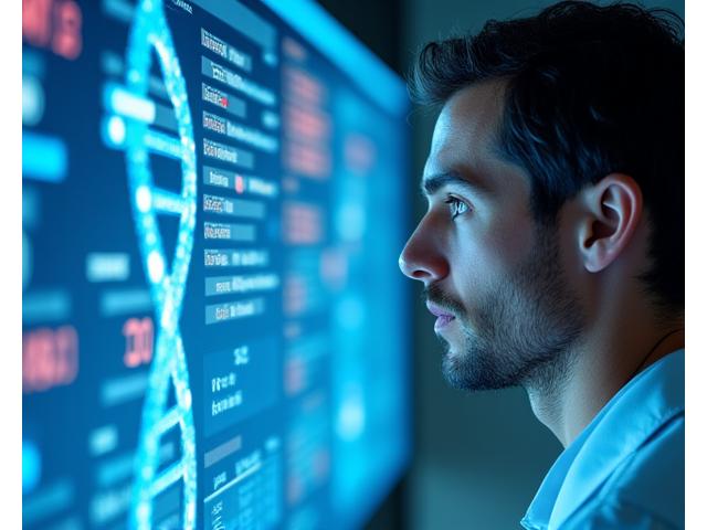 Científico analizando resultados de ADN en pantalla con datos nutricionales.