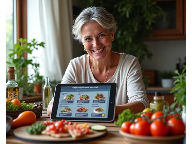Persona sonriente viendo un plan de comidas saludable en una tableta, con ingredientes frescos en la mesa.